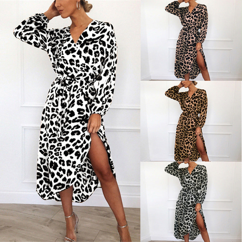 Temperament Commute Women's Leopard Print V-neck High Waist Lace-up Irregular Ladies Dress