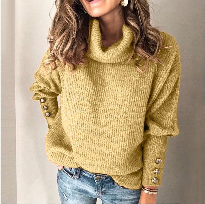 Color Cotton Blend Women's Sweater Turtleneck Cuff Button Top