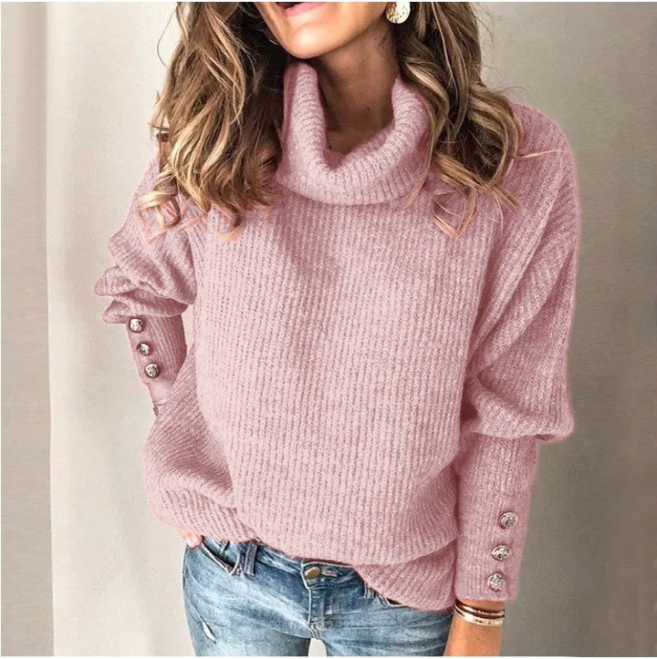 Color Cotton Blend Women's Sweater Turtleneck Cuff Button Top