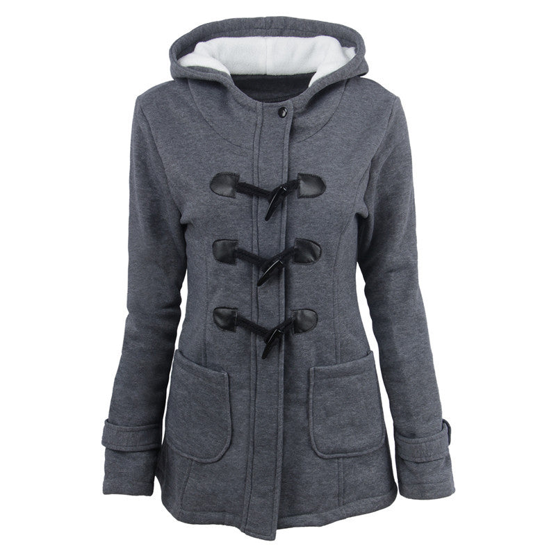 Women's Coat Horn Button Overcoat Female Cardigan Thick Mid-length Hooded Jacket