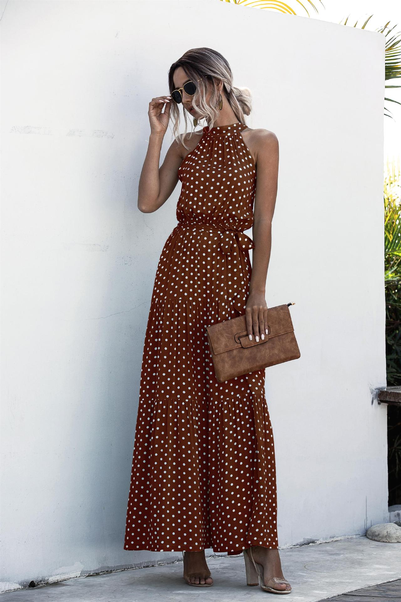 Color Dot Printed Lace Up Halter Tied Long Dress