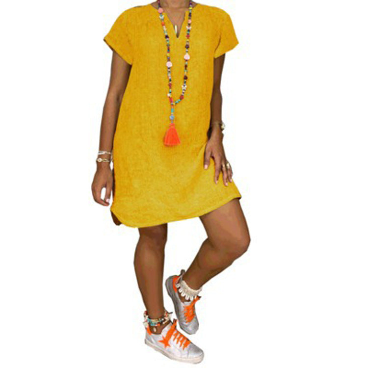 Loose Basic Model Short Sleeve V-neck Solid Color Cotton Linen Dress