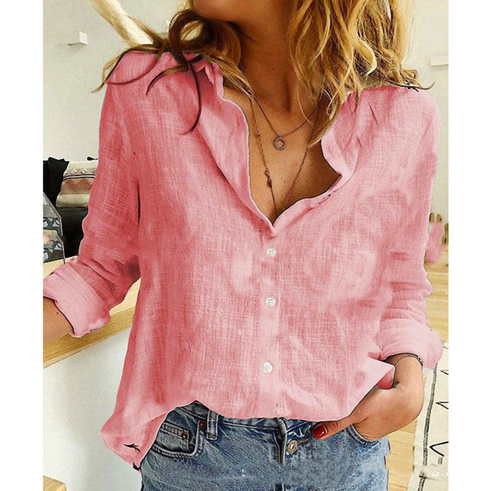 Solid Color Casual Cardigan Loose Long-sleeved Linen Shirt