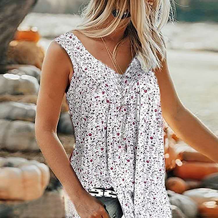 Summer Women's Sleeveless Printed Floral Milk Silk Vest V-neck Casual T-shirt
