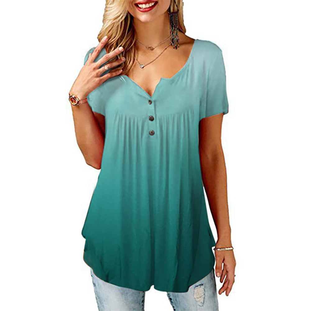 Polyester Fiber Women's Printed V-neck T-shirt Short Sleeve Loose Top