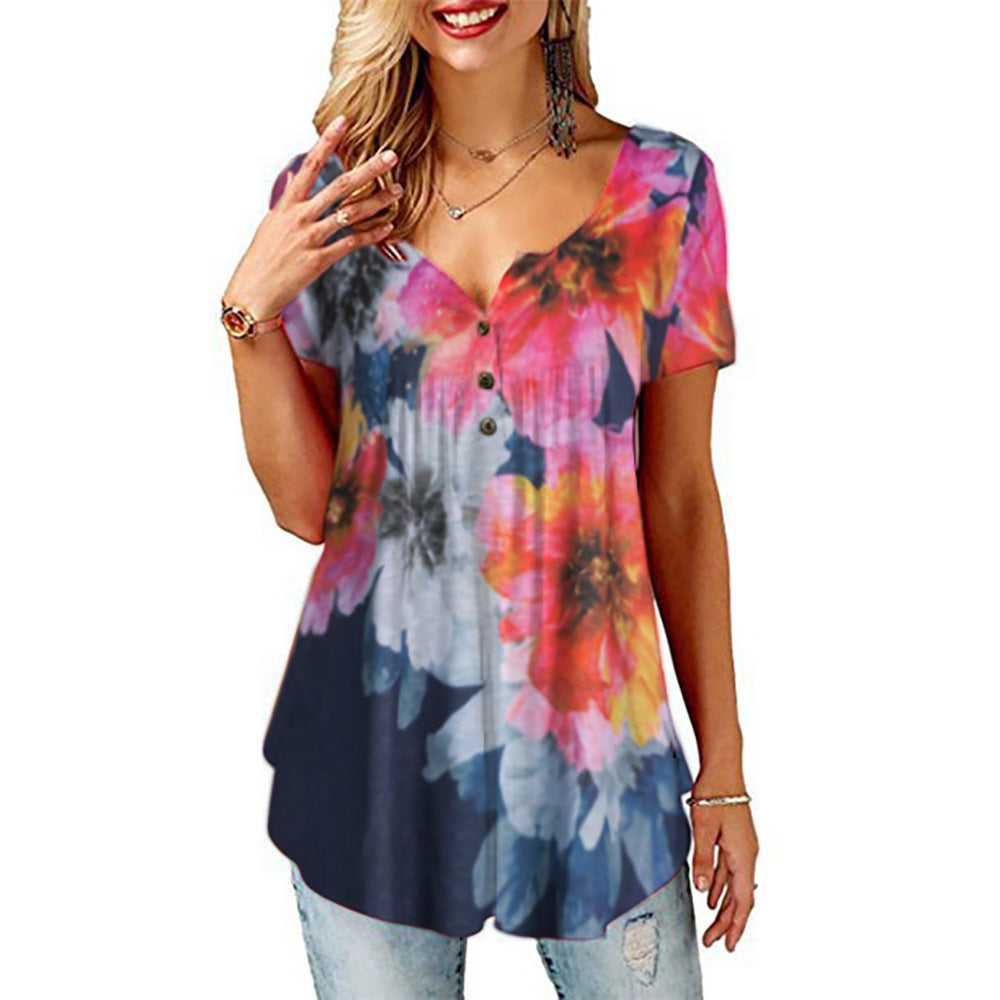 Polyester Fiber Women's Printed V-neck T-shirt Short Sleeve Loose Top