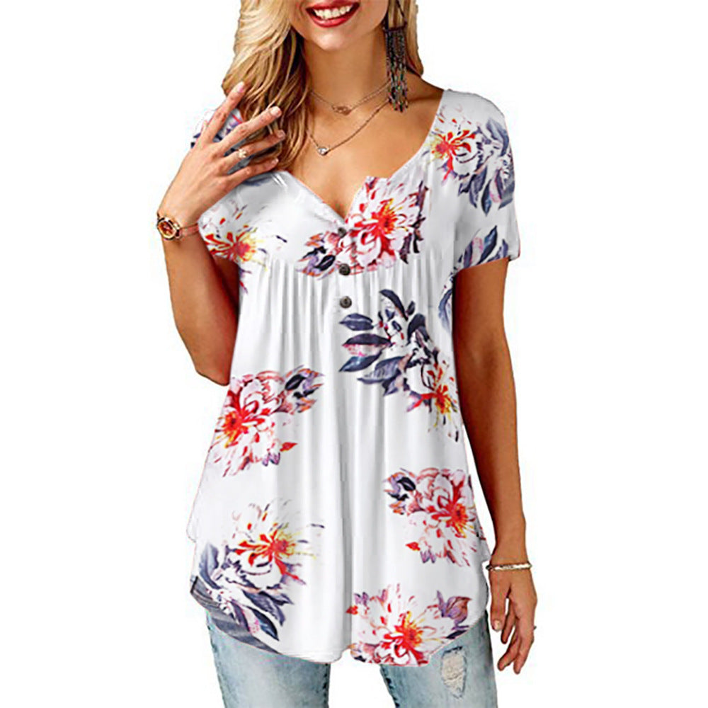 Polyester Fiber Women's Printed V-neck T-shirt Short Sleeve Loose Top