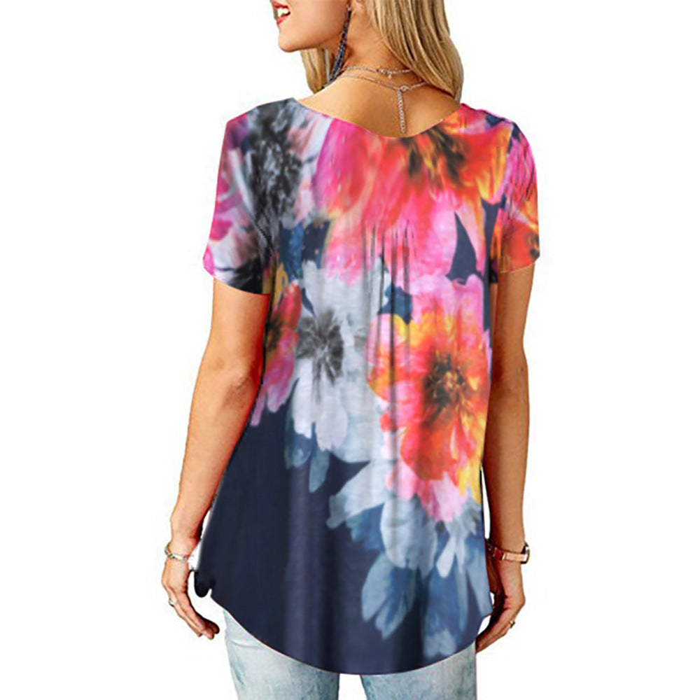 Polyester Fiber Women's Printed V-neck T-shirt Short Sleeve Loose Top