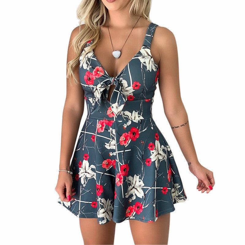 Sexy Sling Chest Bow Street Hipster Lace Printing Loose One-piece Shorts