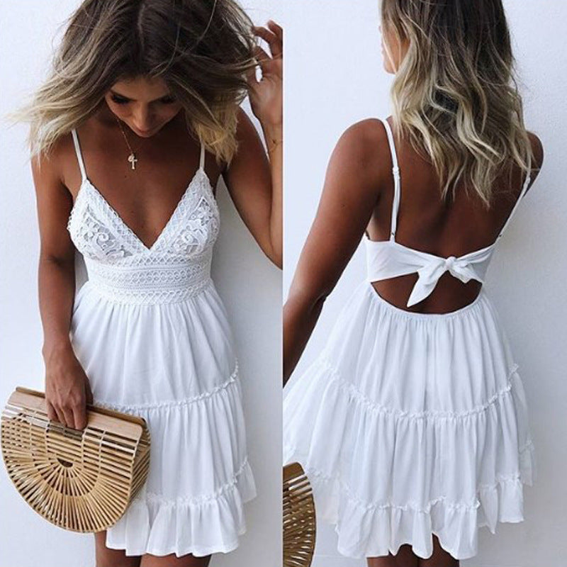 Sexy Lace V-neck Strap Stitching Other Women's Dress Backless Bow Flounced Skirt