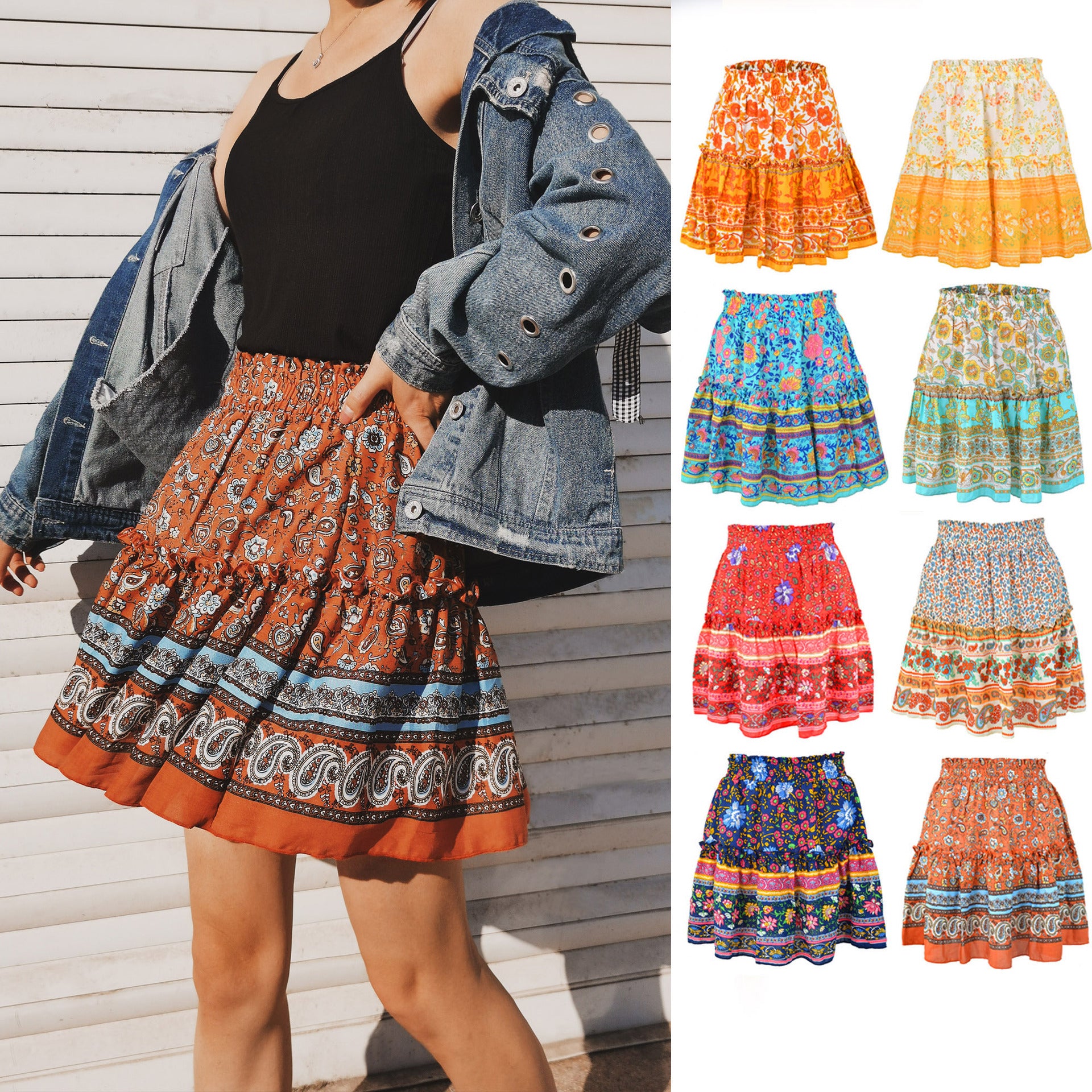 Women's Cotton Blend Printed Short Bohemian Ruffled Skirt