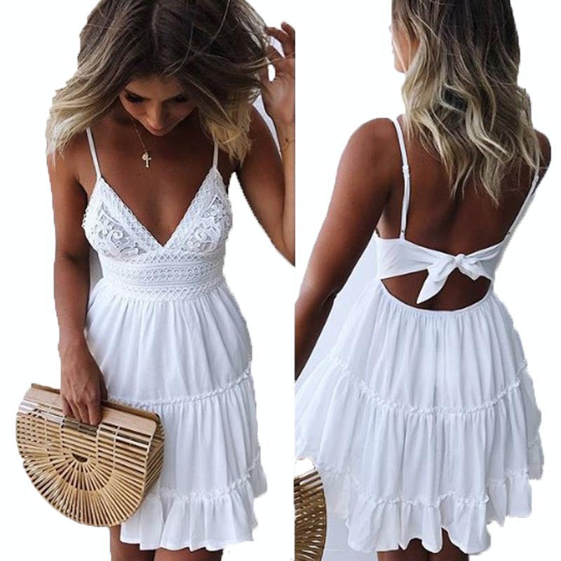 Sexy Lace V-neck Strap Stitching Other Women's Dress Backless Bow Flounced Skirt