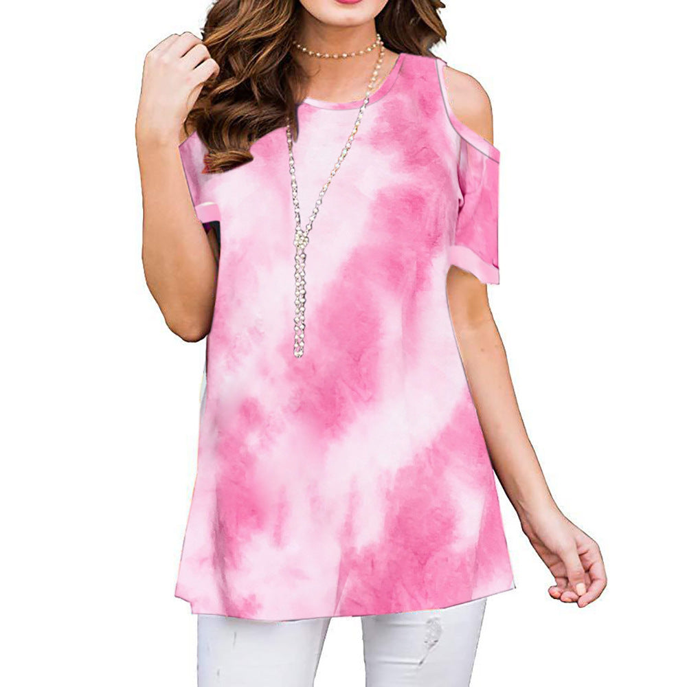 Summer Polyester Fiber Printed Off-the-shoulder Short Sleeve Pullover Women's Casual Shirt Top