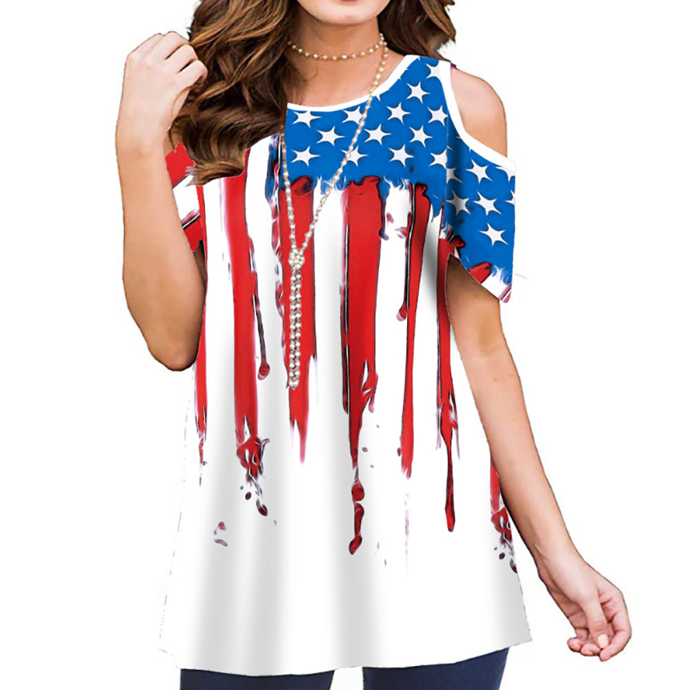 Summer Polyester Fiber Printed Off-the-shoulder Short Sleeve Pullover Women's Casual Shirt Top