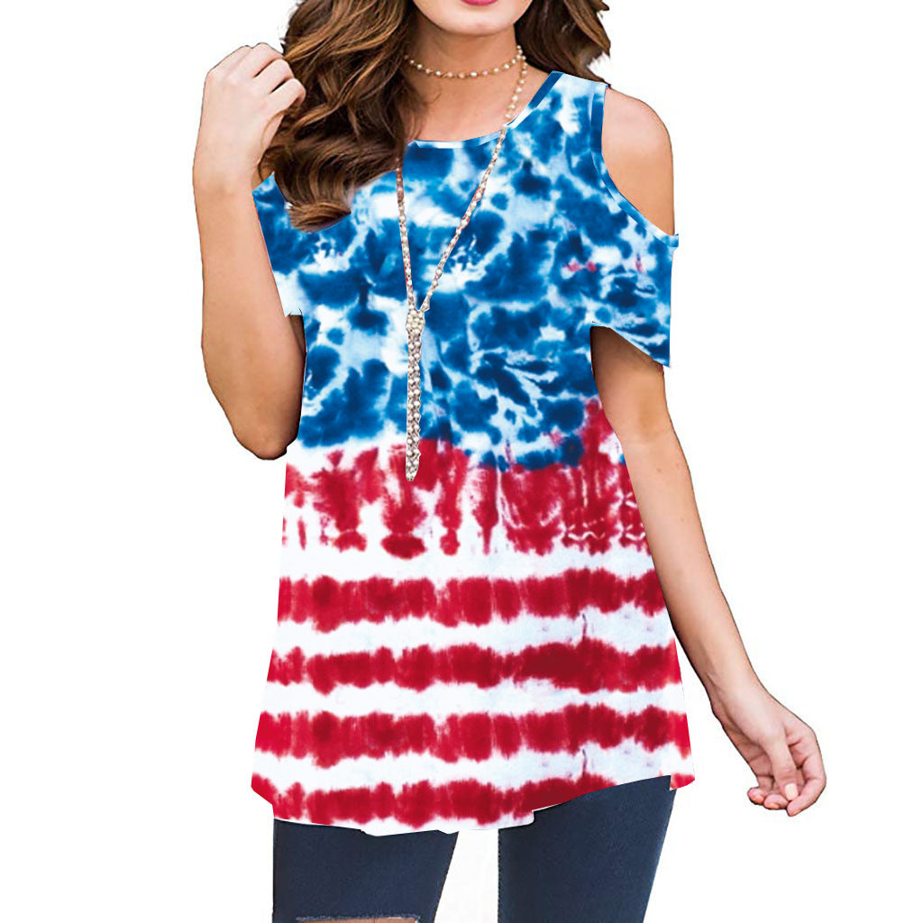 Summer Polyester Fiber Printed Off-the-shoulder Short Sleeve Pullover Women's Casual Shirt Top