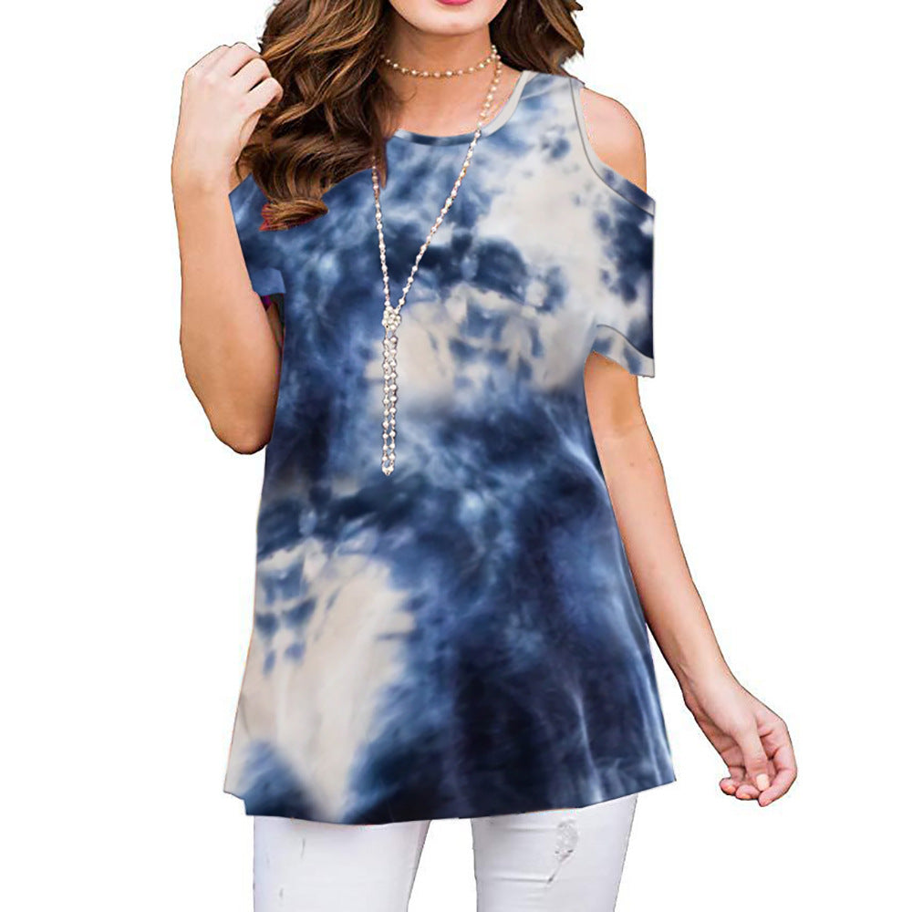 Summer Polyester Fiber Printed Off-the-shoulder Short Sleeve Pullover Women's Casual Shirt Top