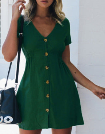 Women's Street Hipster Solid Color V-neck Slim-fit Button High Waist Dress