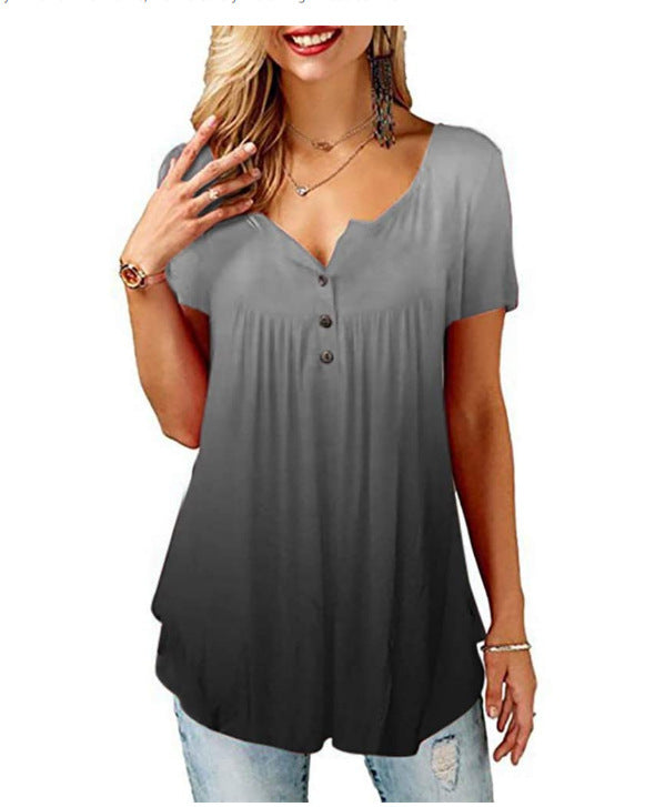 Polyester Fiber Women's Printed V-neck T-shirt Short Sleeve Loose Top