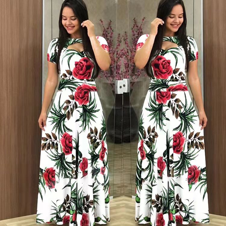 Sexy Short Sleeve Fashion Digital Printing Dress Large Swing Skirt