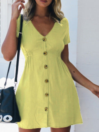 Women's Street Hipster Solid Color V-neck Slim-fit Button High Waist Dress