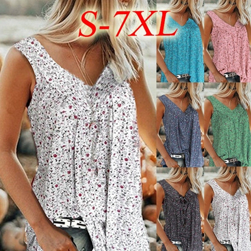 Summer Women's Sleeveless Printed Floral Milk Silk Vest V-neck Casual T-shirt