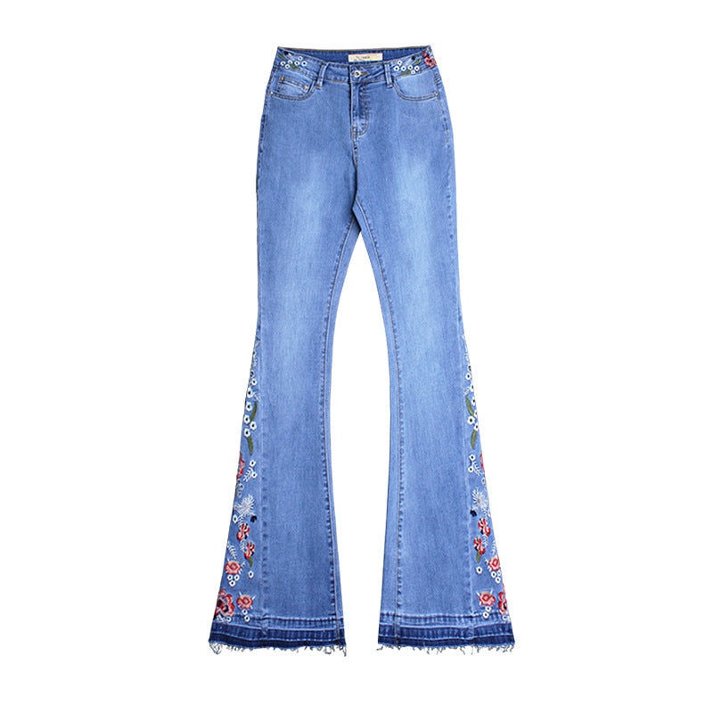 Women's Wide-leg Cowboy Pants Denim Bell-bottom Flower Embroidery Trousers