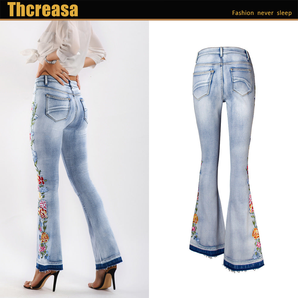 Cowboy Flared Women's Embroidery Trousers Bell-bottom Pants Plus Size Jeans