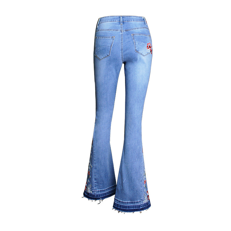 Women's Wide-leg Cowboy Pants Denim Bell-bottom Flower Embroidery Trousers