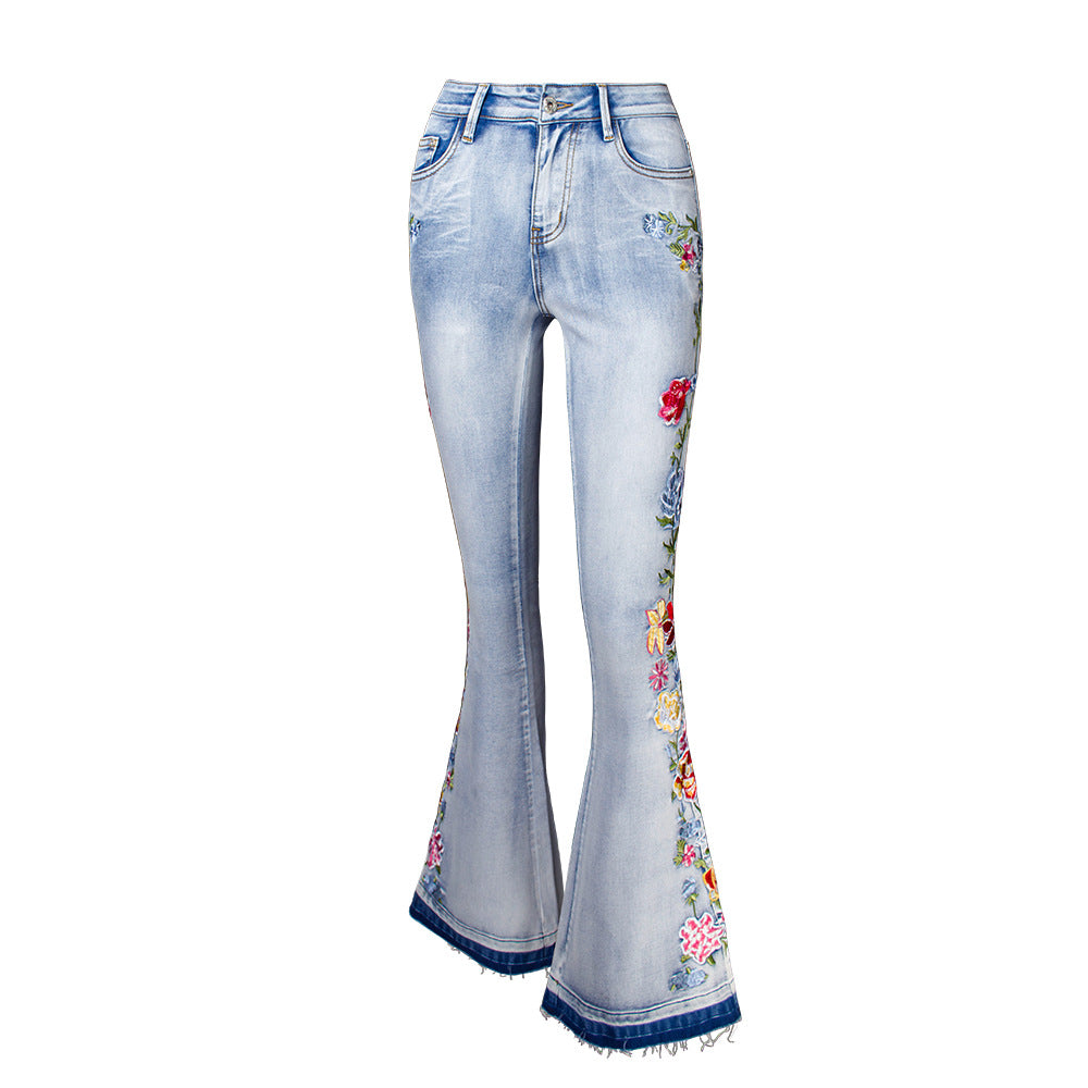 Cowboy Flared Women's Embroidery Trousers Bell-bottom Pants Plus Size Jeans