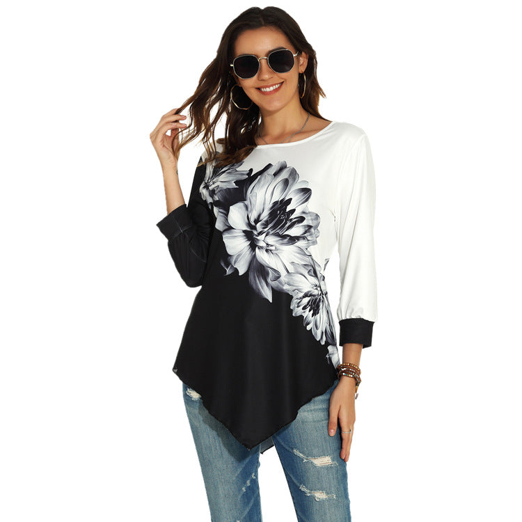 Fashion Autumn Street Hipster Round Neck Loose Printing Irregular Hem Women's Blouse