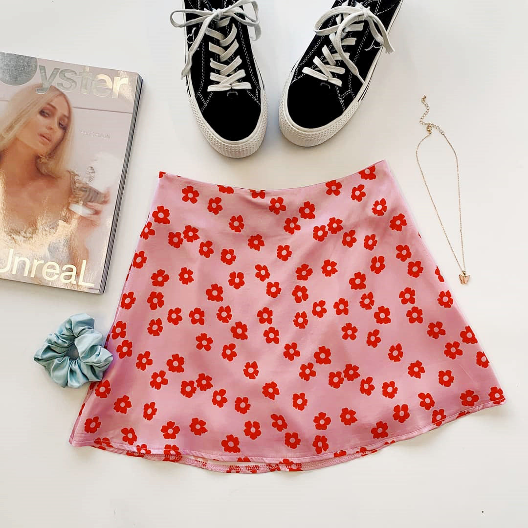 Women's High Waist Satin Printed Girl Short Pink Small Flower Leopard Skirt