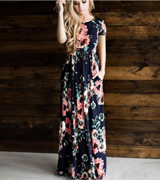 Printing Summer Round Neck Flowers Print Long Sleeve Dress