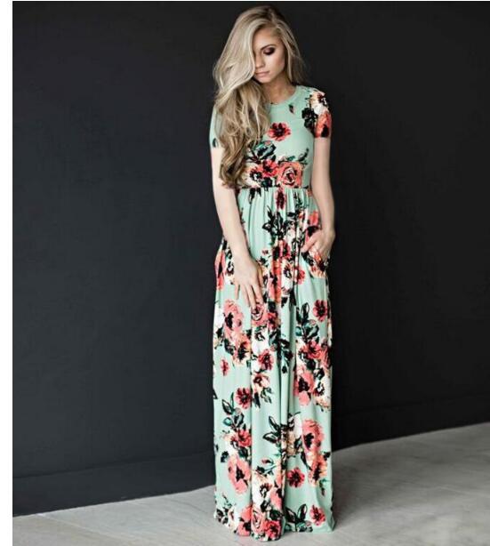 Printing Summer Round Neck Flowers Print Long Sleeve Dress