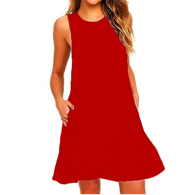 Round Neck Women's Sleeveless Vest Solid Color Dress