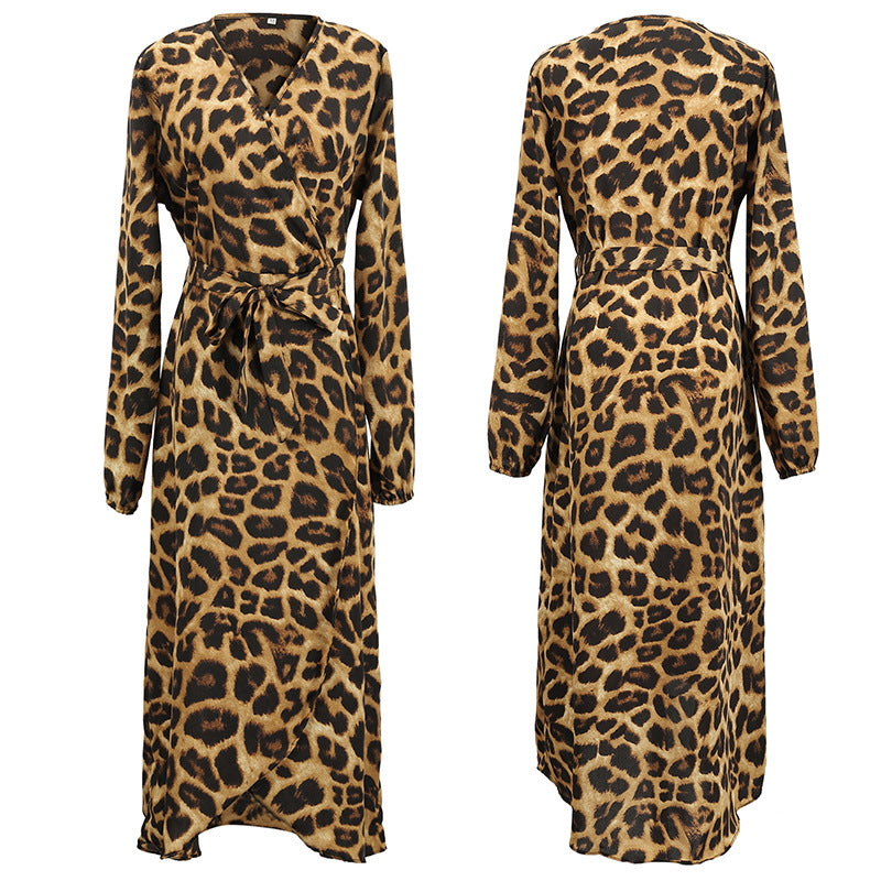 Temperament Commute Women's Leopard Print V-neck High Waist Lace-up Irregular Ladies Dress