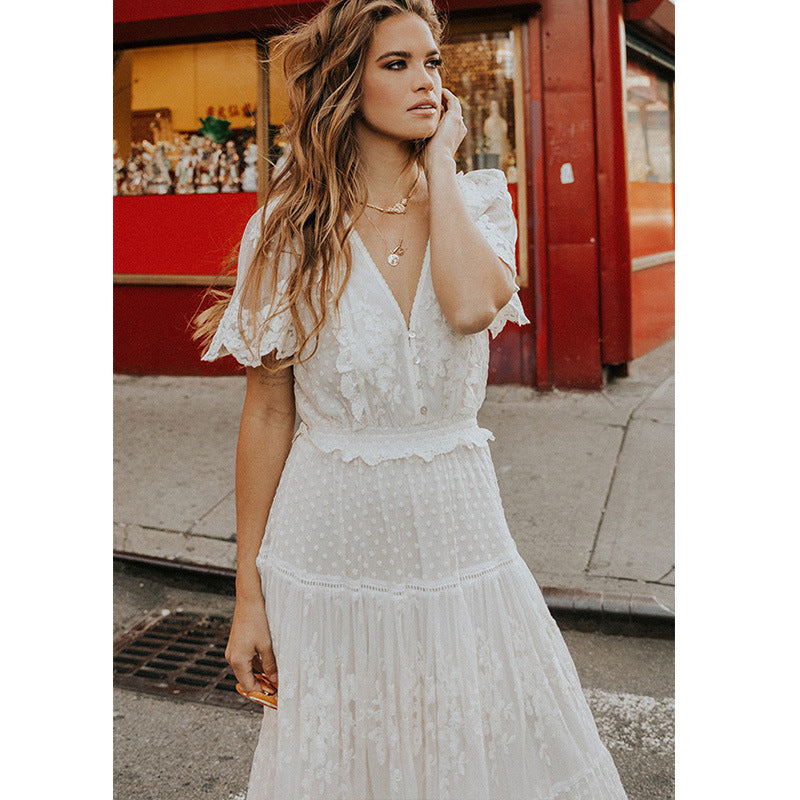 Commute Style Summer Women V-neck Short-sleeved Lace Dress