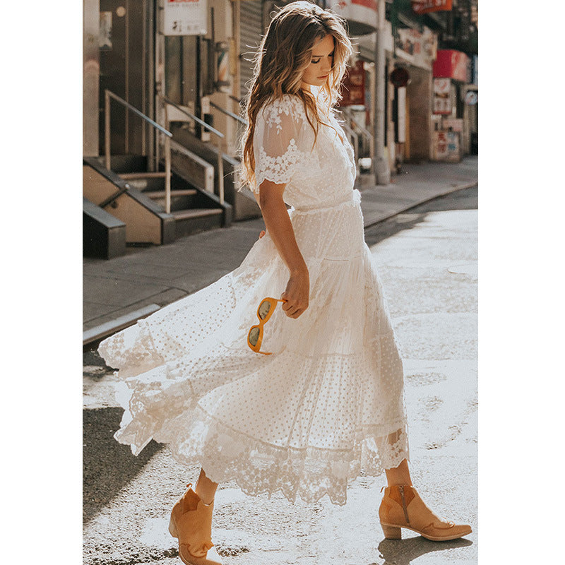 Commute Style Summer Women V-neck Short-sleeved Lace Dress