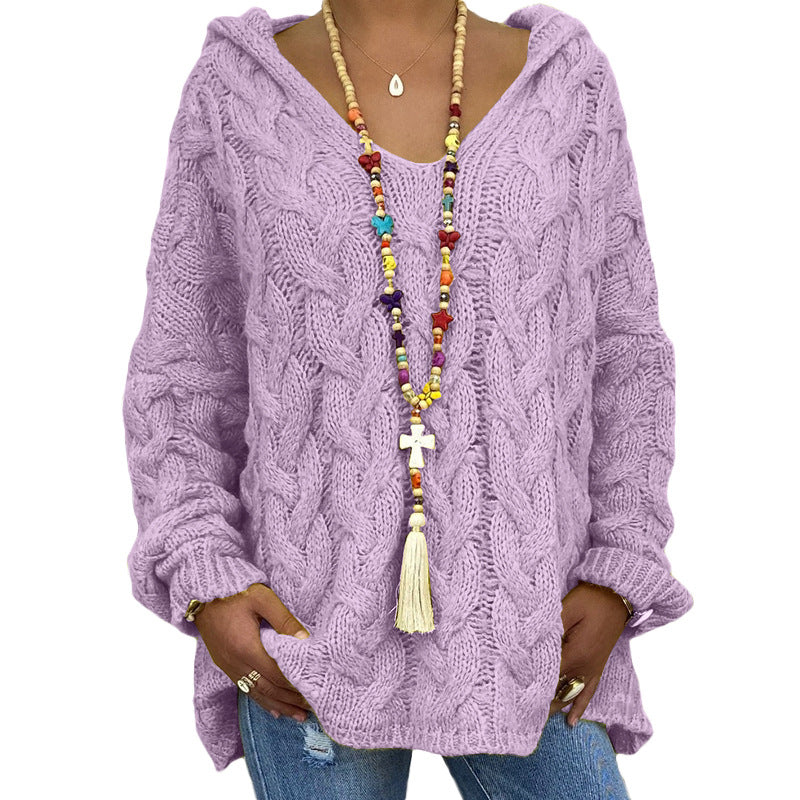 Popular Solid Pullover Color Twist Knitted Hoodie