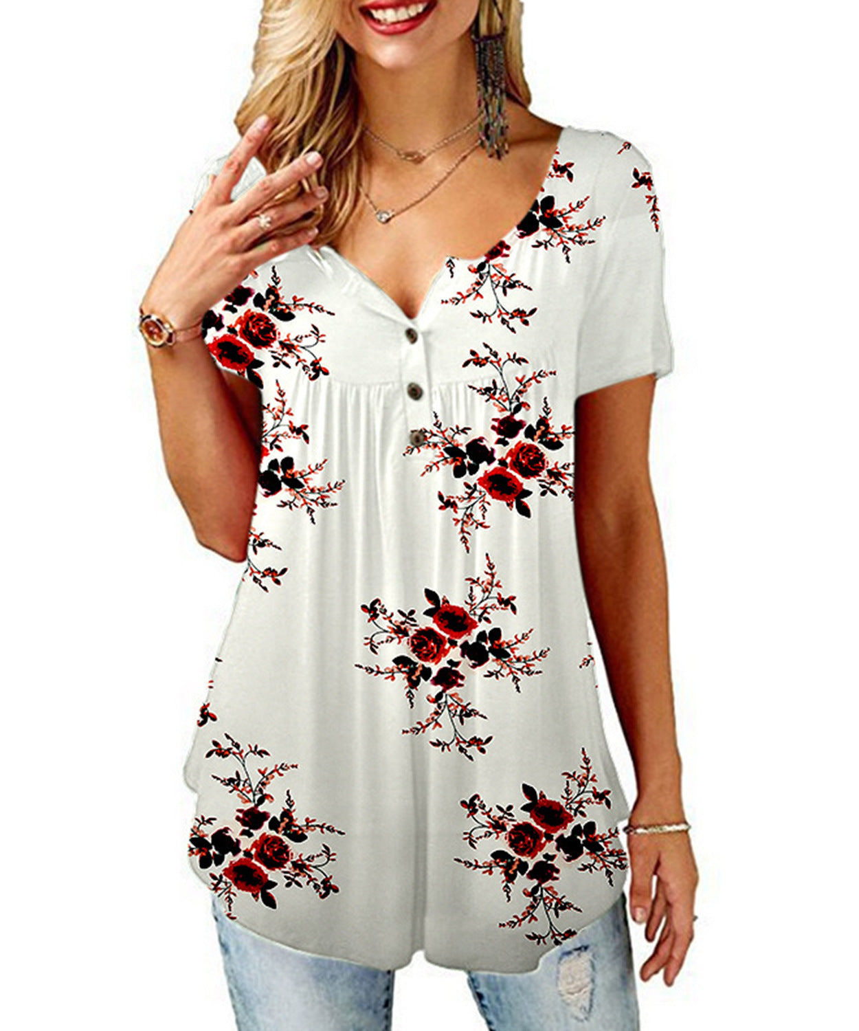 Polyester Fiber Women's Printed V-neck T-shirt Short Sleeve Loose Top