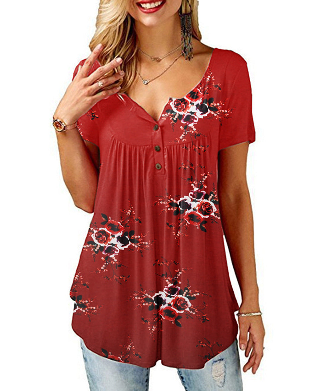 Polyester Fiber Women's Printed V-neck T-shirt Short Sleeve Loose Top