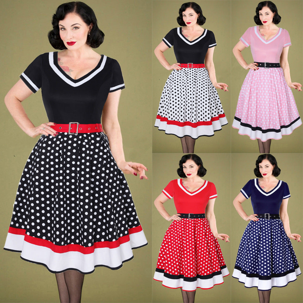 Retro Cotton Pleated Skirt V-neck Dot Swing Dress