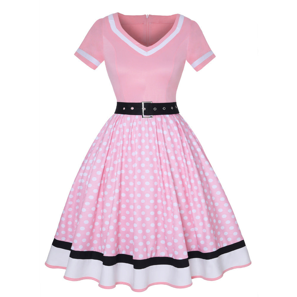 Retro Cotton Pleated Skirt V-neck Dot Swing Dress