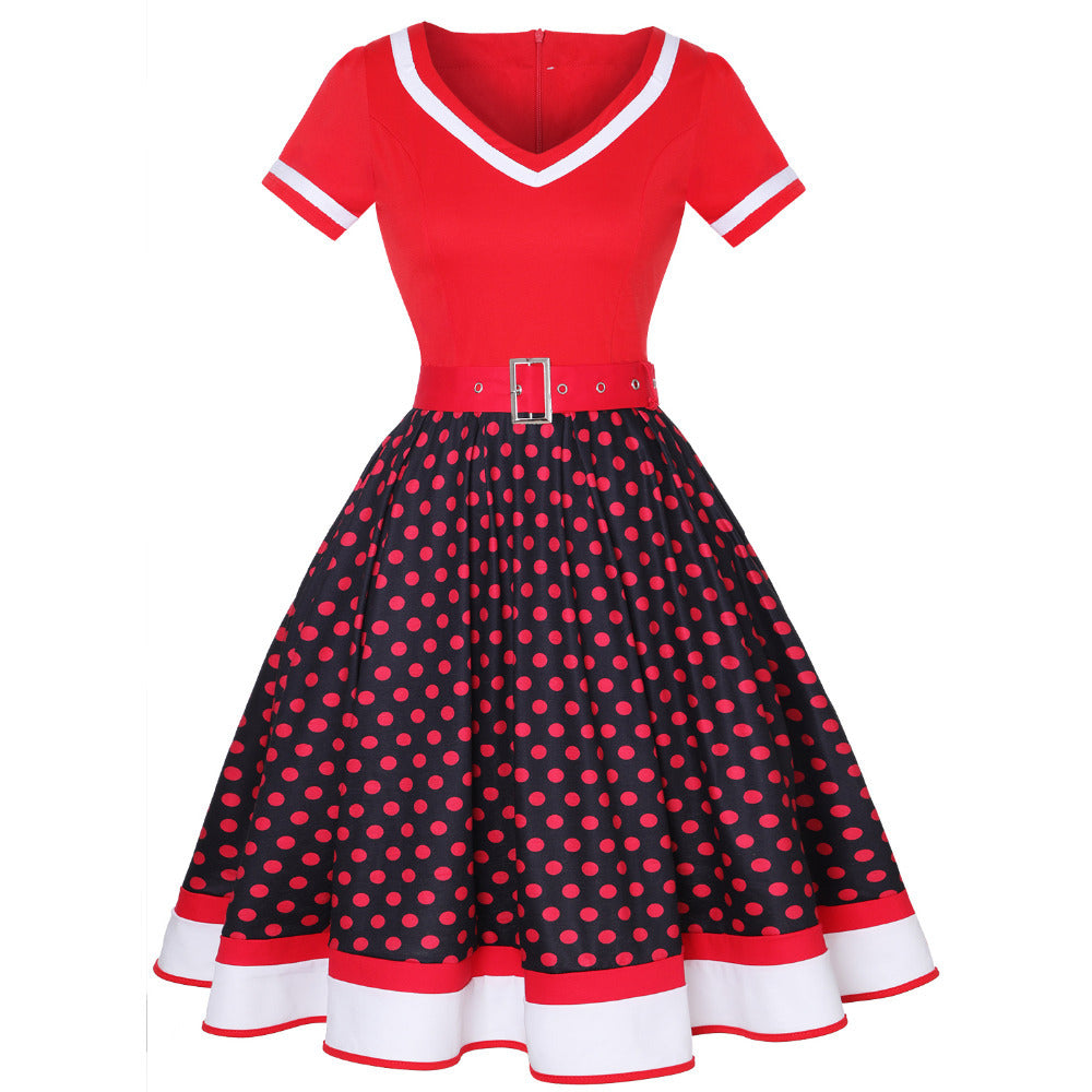 Retro Cotton Pleated Skirt V-neck Dot Swing Dress