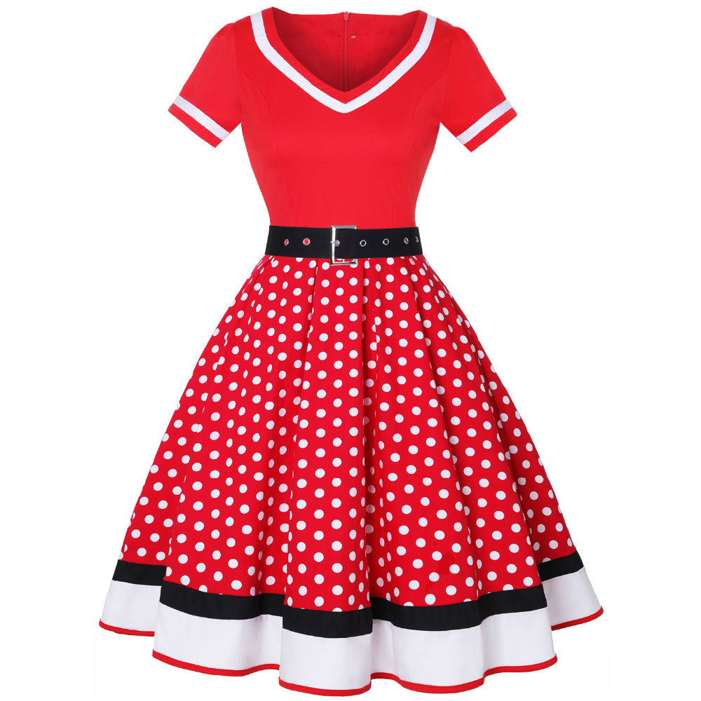 Retro Cotton Pleated Skirt V-neck Dot Swing Dress