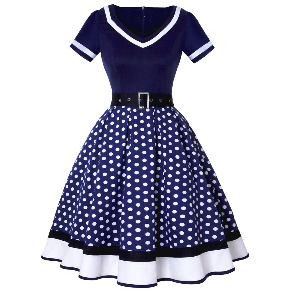 Retro Cotton Pleated Skirt V-neck Dot Swing Dress