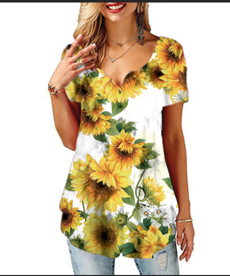 Polyester Fiber Women's Printed V-neck T-shirt Short Sleeve Loose Top