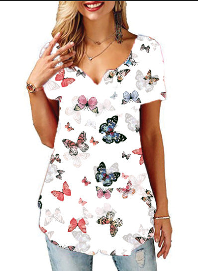 Polyester Fiber Women's Printed V-neck T-shirt Short Sleeve Loose Top