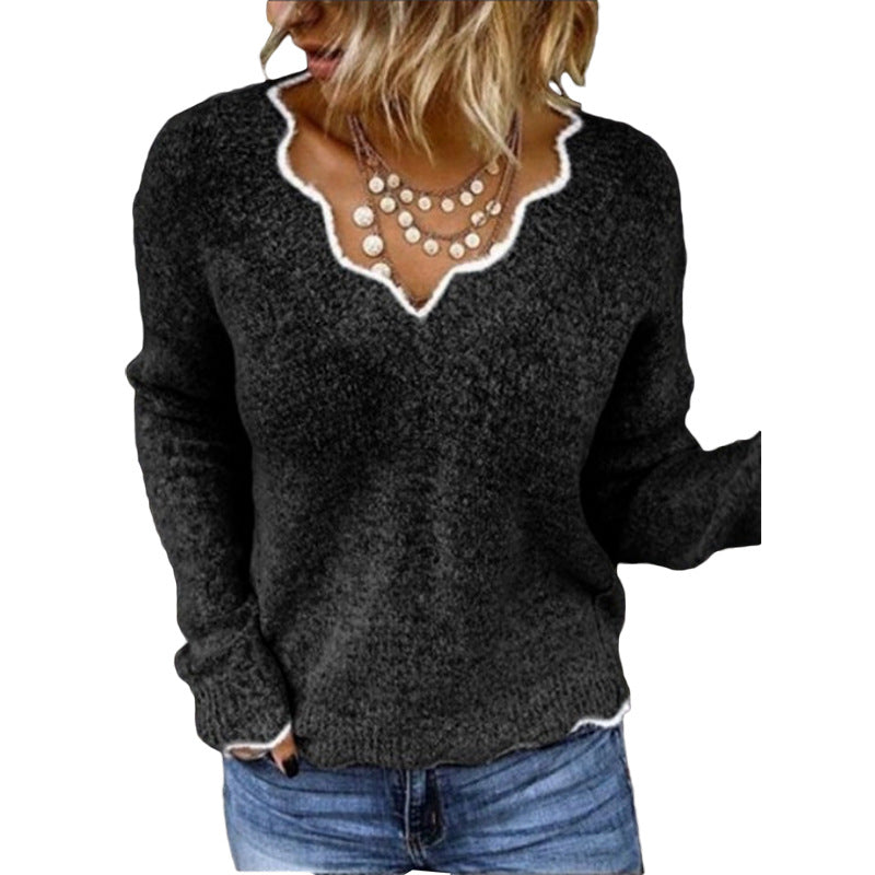 Acrylic Fiber Women's V-neck Knitted Cute Multi-color Pullover