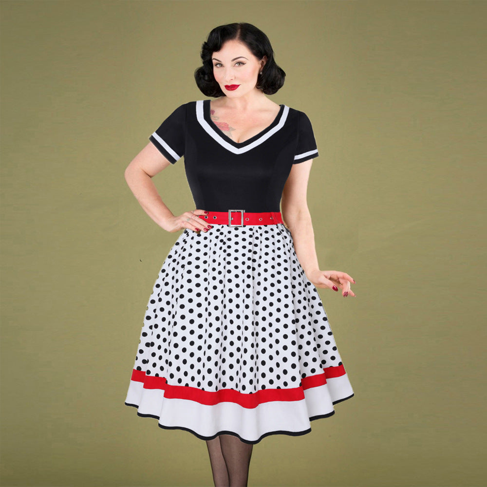 Retro Cotton Pleated Skirt V-neck Dot Swing Dress