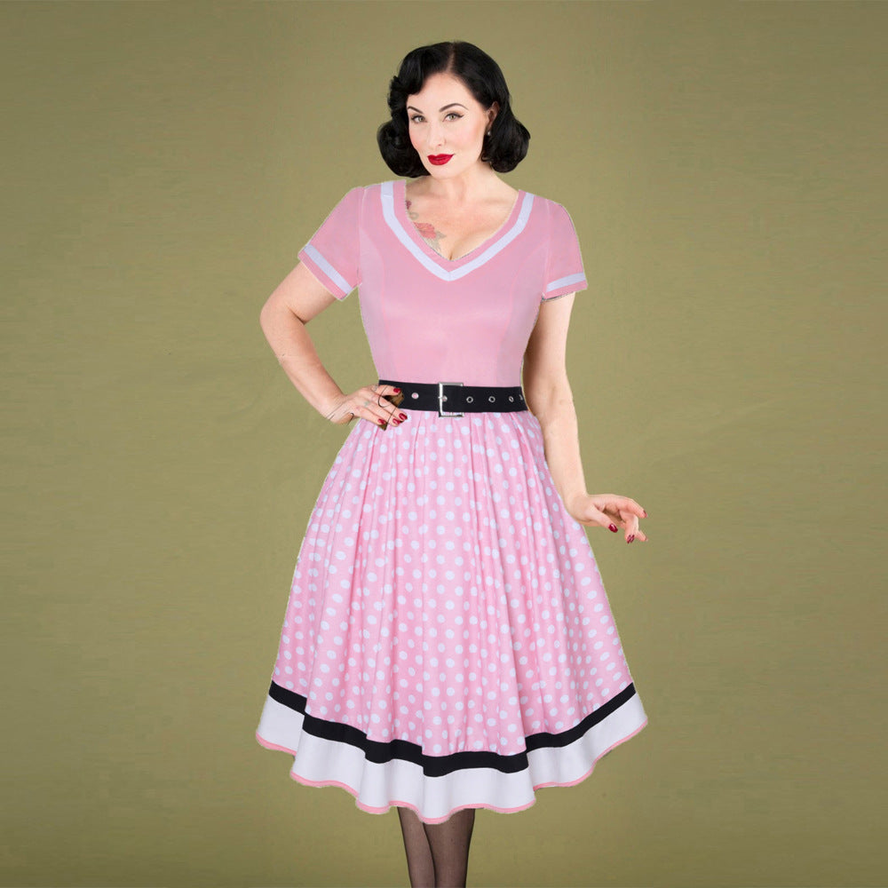 Retro Cotton Pleated Skirt V-neck Dot Swing Dress